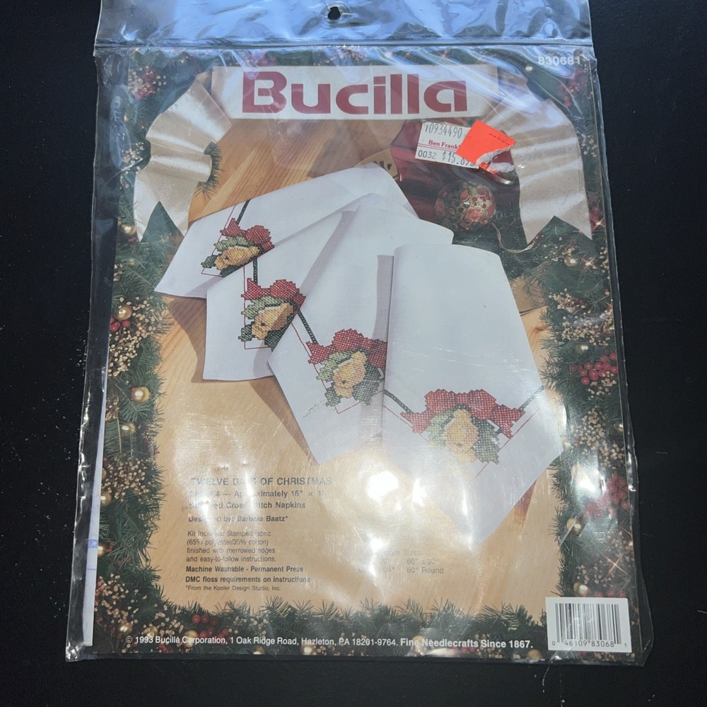 NEW Bucilla (4) Stamped Cross Stitch Napkins Pears 16" x 16" 12 Days‎ Christmas